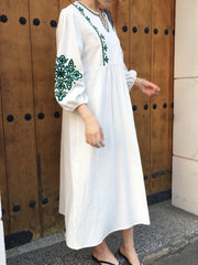 Boho Floral Embroidery Chic Dress Lantern Sleeve Loose Waist