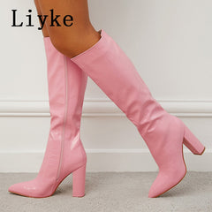 Pointed Toe Zip Knee High Boots Fashion Print Square Heels