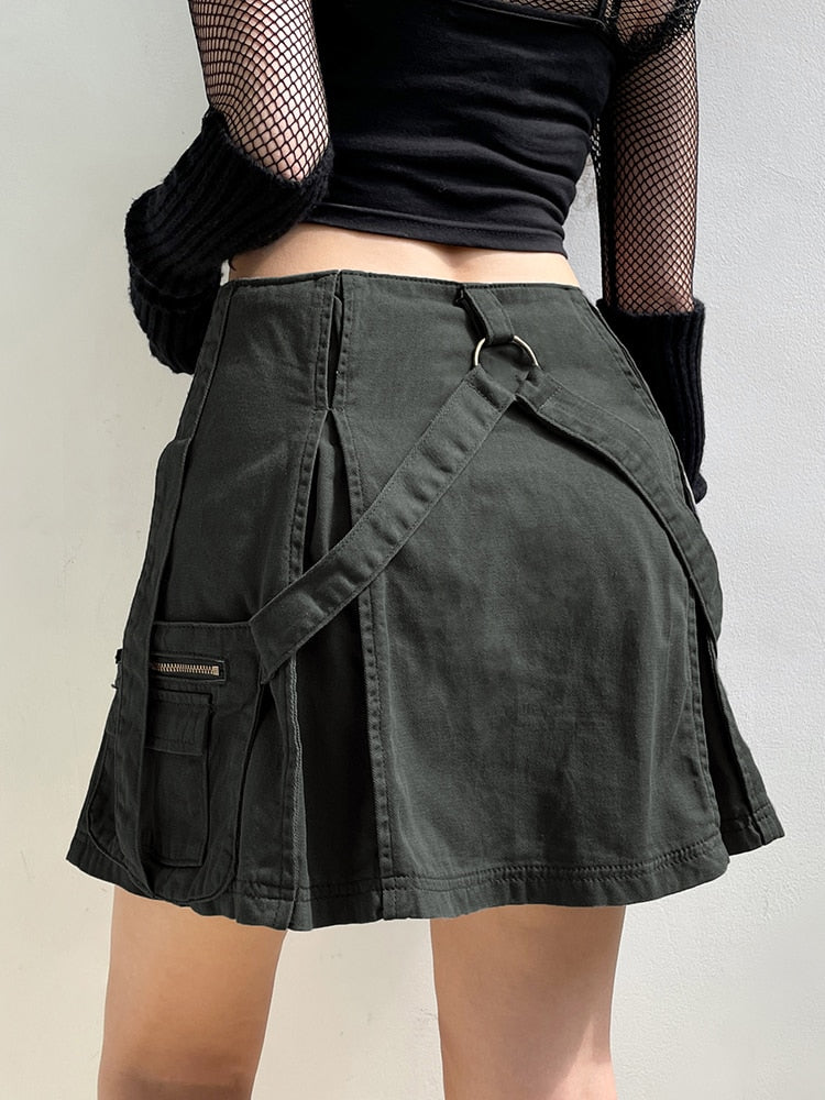 Streetwear Ribbon Pockets High Waist Cargo Skirt Denim Zipper