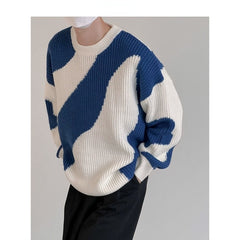 O-Neck Knit Sweater Men Cow Patchwork Pullover Men Loose Sweater