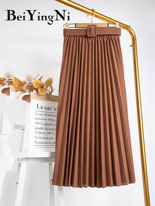 High Waist Women Skirt Casual Vintage Solid Belted Pleated Midi Skirts