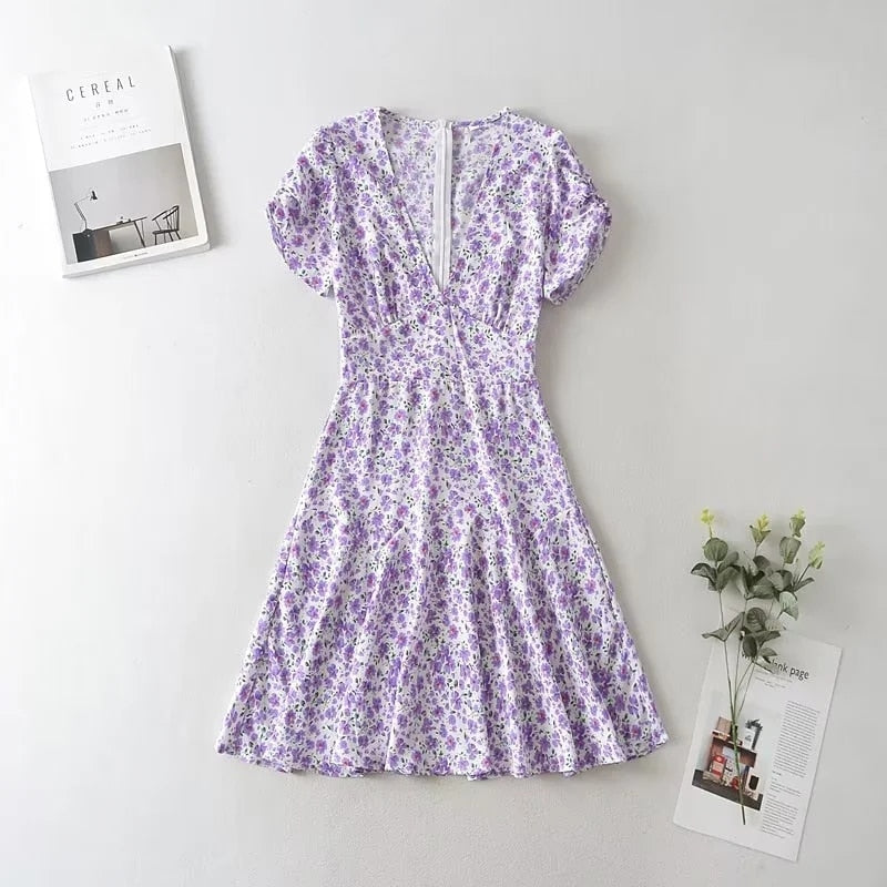 Blue Floral Print Beach Dress Short Sleeve Dress Boho