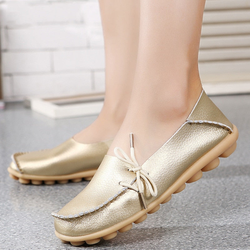 Flats Shoes Loafers Leather Female Slip on Ballet Bowtie Low-top