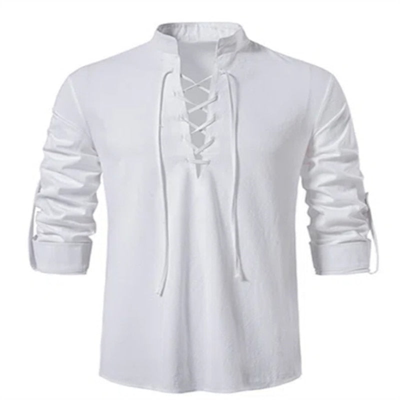 Men V-neck shirt T-shirt Thin Long Sleeve Top Breathable Front Lace Up Shirts