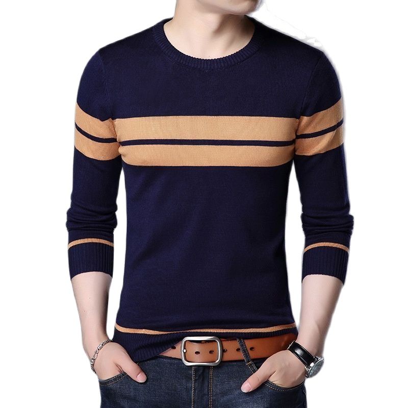 Men Knitted Sweater Comfy O Neck Long Sleeve Pullover Stripe Jumper Bottoming Shirt